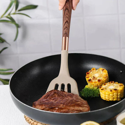 10-Piece Silicone Cookware Set with Wooden Handles – Elegant Kitchen Utensils
