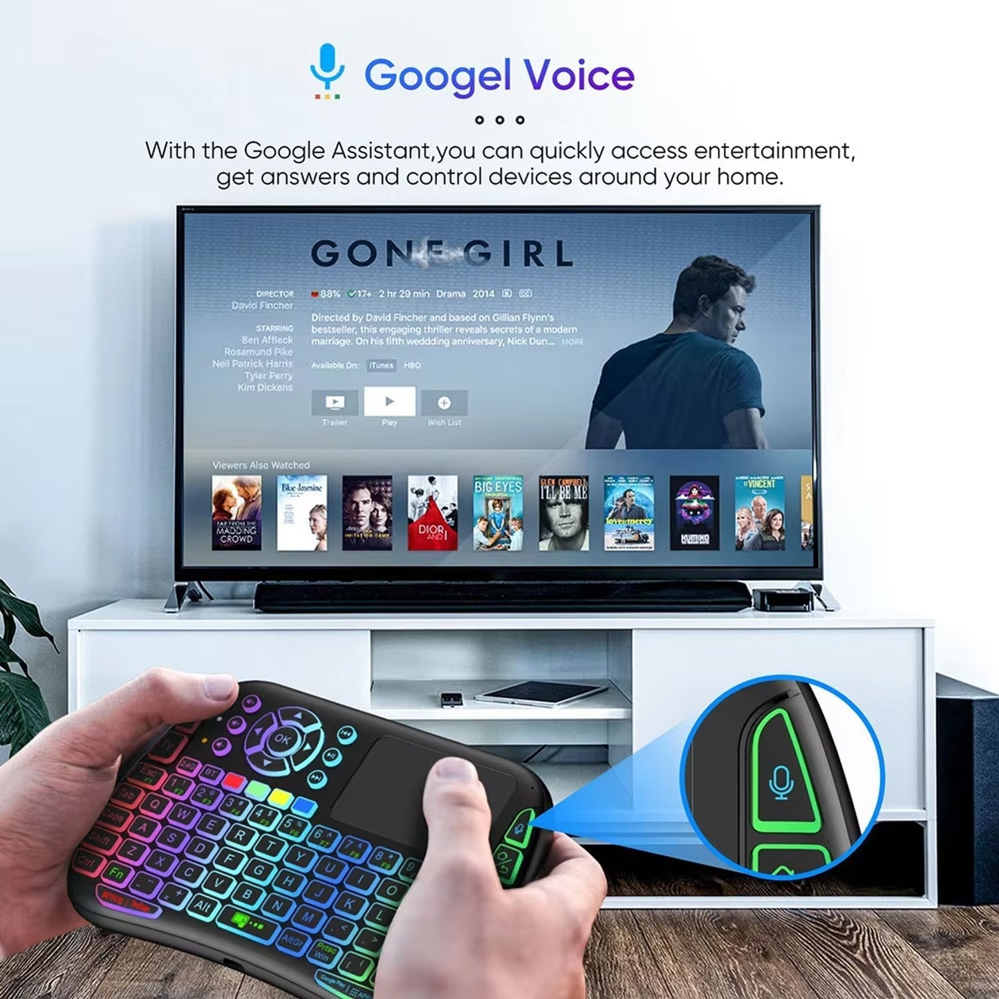 Compact Wireless Keyboard with Air Mouse Function and Voice Search