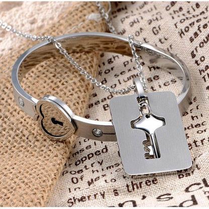 Heart Lock Bracelet and Key Pendant Necklace Set for Couples in Silver Stainless Steel