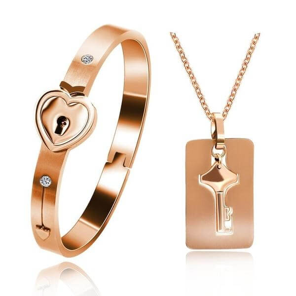 Heart Lock Bracelet and Key Pendant Necklace Set for Couples in Silver Stainless Steel