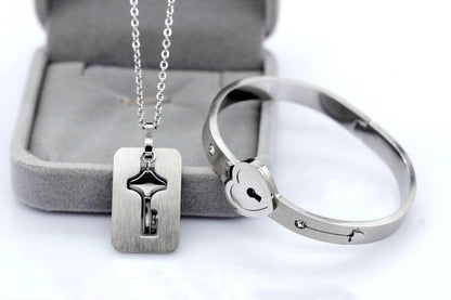 Heart Lock Bracelet and Key Pendant Necklace Set for Couples in Silver Stainless Steel