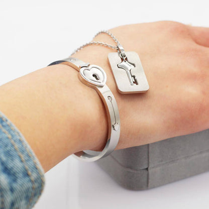 Heart Lock Bracelet and Key Pendant Necklace Set for Couples in Silver Stainless Steel