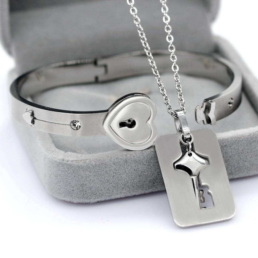 Heart Lock Bracelet and Key Pendant Necklace Set for Couples in Silver Stainless Steel