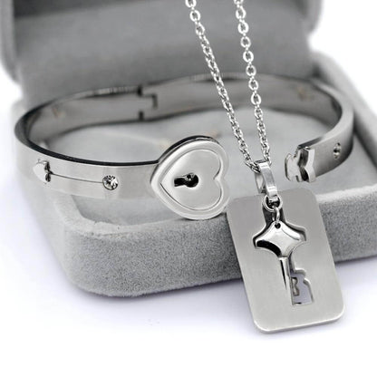 Heart Lock Bracelet and Key Pendant Necklace Set for Couples in Silver Stainless Steel