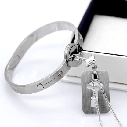 Heart Lock Bracelet and Key Pendant Necklace Set for Couples in Silver Stainless Steel
