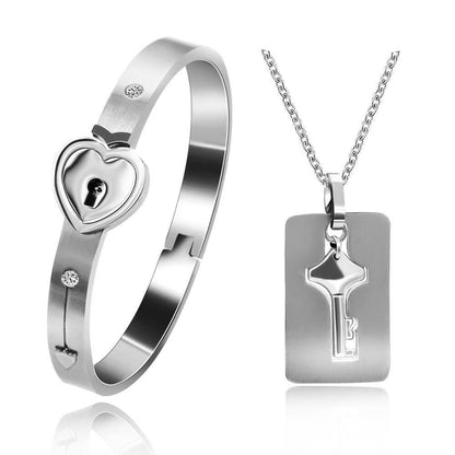 Heart Lock Bracelet and Key Pendant Necklace Set for Couples in Silver Stainless Steel