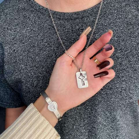 Heart Lock Bracelet and Key Pendant Necklace Set for Couples in Silver Stainless Steel