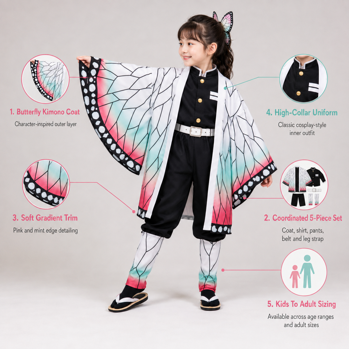 Enchanting Butterfly Kimono Costume Set for Kids - Five-Piece Ensemble
