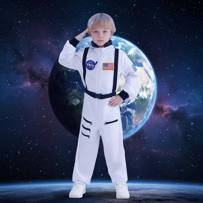 Children's Cosmic Voyager Costume with Space Emblems and Jumpsuit Design