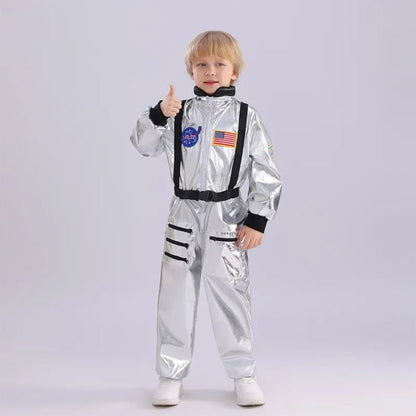Children's Cosmic Voyager Costume with Space Emblems and Jumpsuit Design