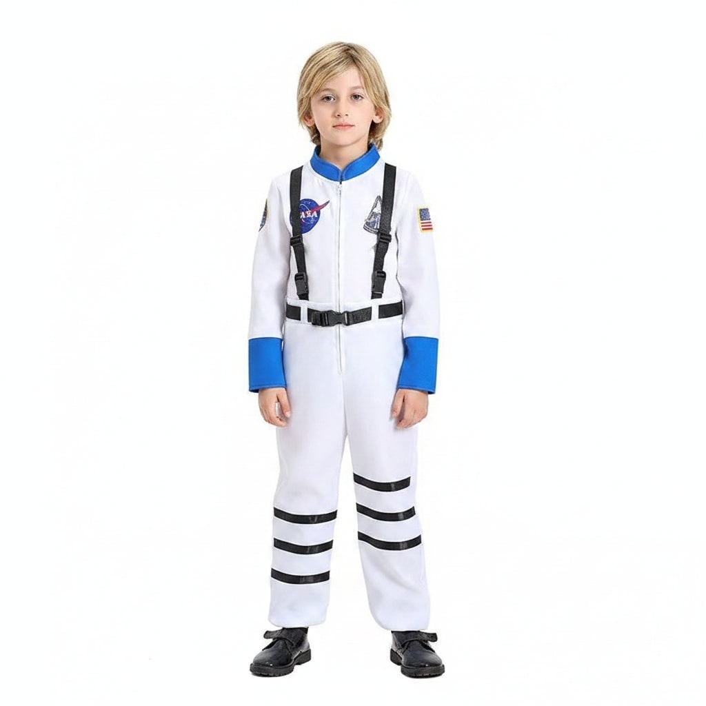 Children's Cosmic Voyager Costume with Space Emblems and Jumpsuit Design
