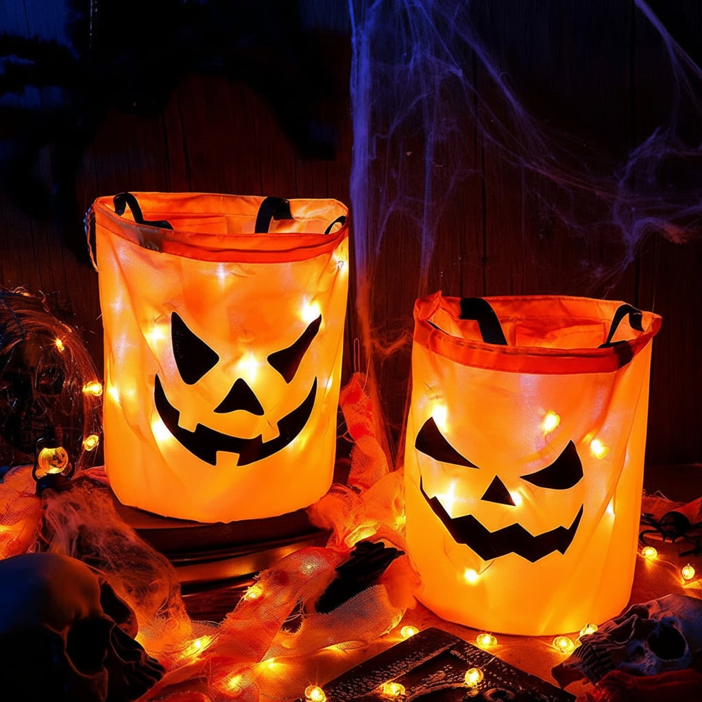Illuminated Trick-or-Treat Candy Collection Bucket with Pumpkin Design