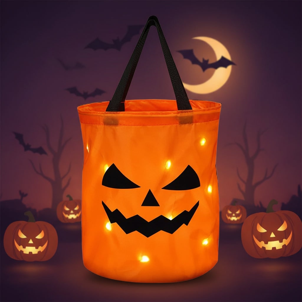 Illuminated Trick-or-Treat Candy Collection Bucket with Pumpkin Design