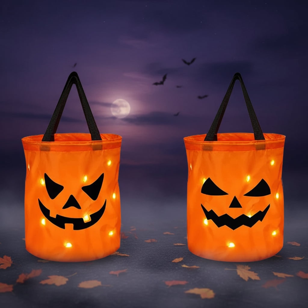 Illuminated Trick-or-Treat Candy Collection Bucket with Pumpkin Design