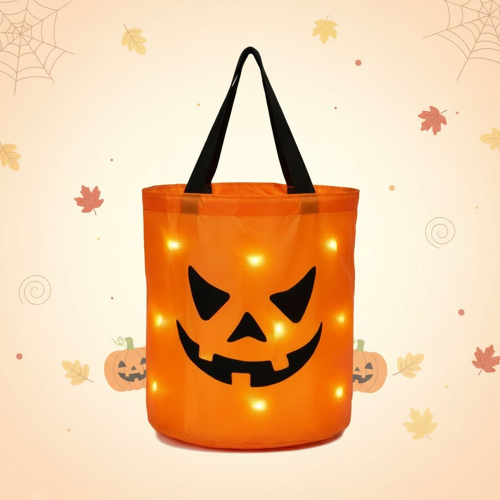 Illuminated Trick-or-Treat Candy Collection Bucket with Pumpkin Design
