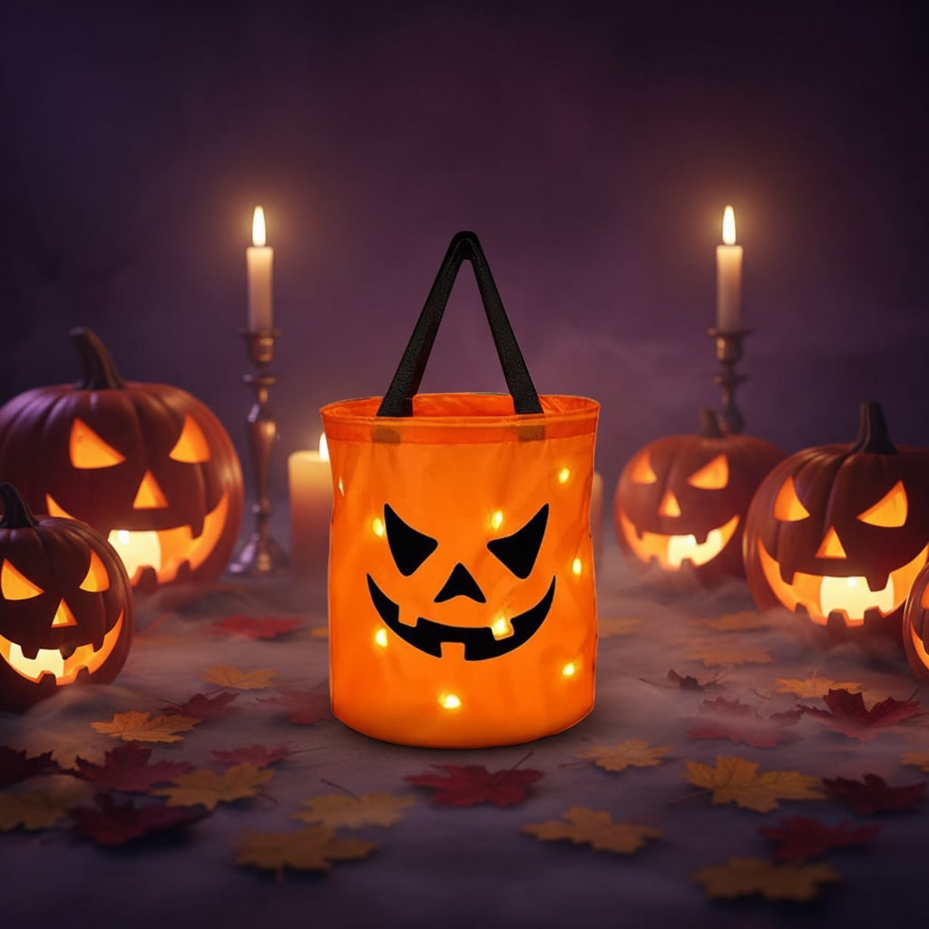 Illuminated Trick-or-Treat Candy Collection Bucket with Pumpkin Design