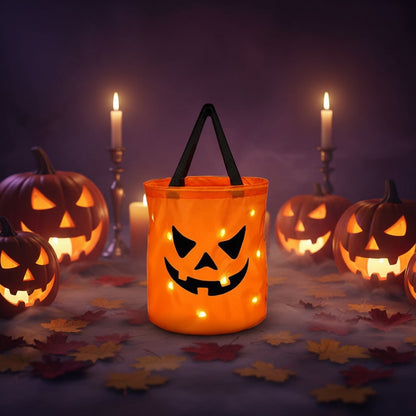 Illuminated Trick-or-Treat Candy Collection Bucket with Pumpkin Design