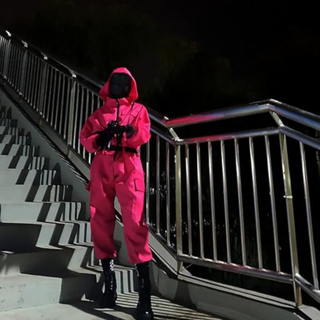 Kids' Pink Hooded Costume Jumpsuit with Face Mask and Pockets