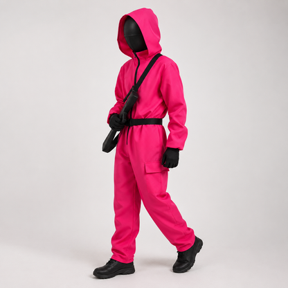 Kids' Pink Hooded Costume Jumpsuit with Face Mask and Pockets