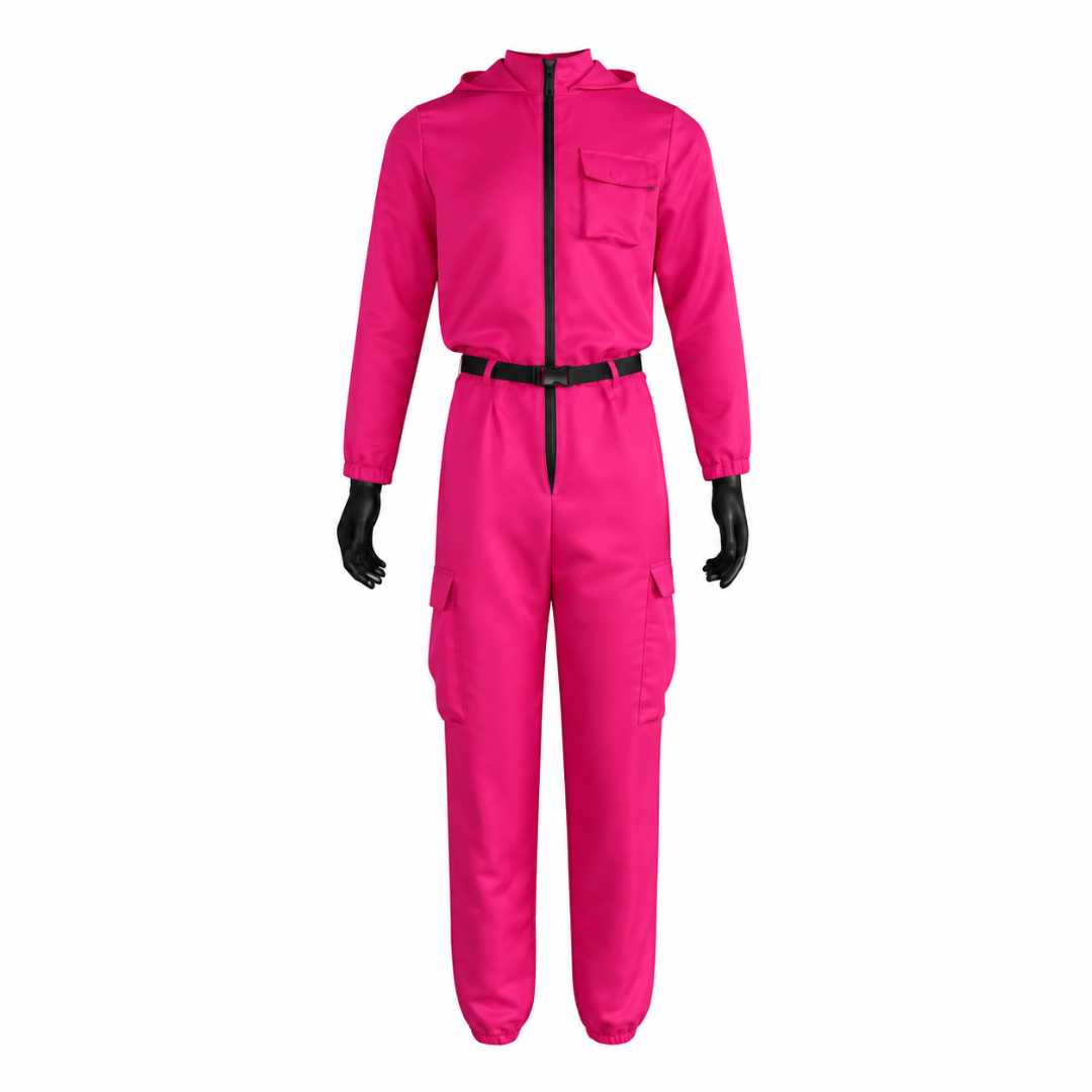 Kids' Pink Hooded Costume Jumpsuit with Face Mask and Pockets