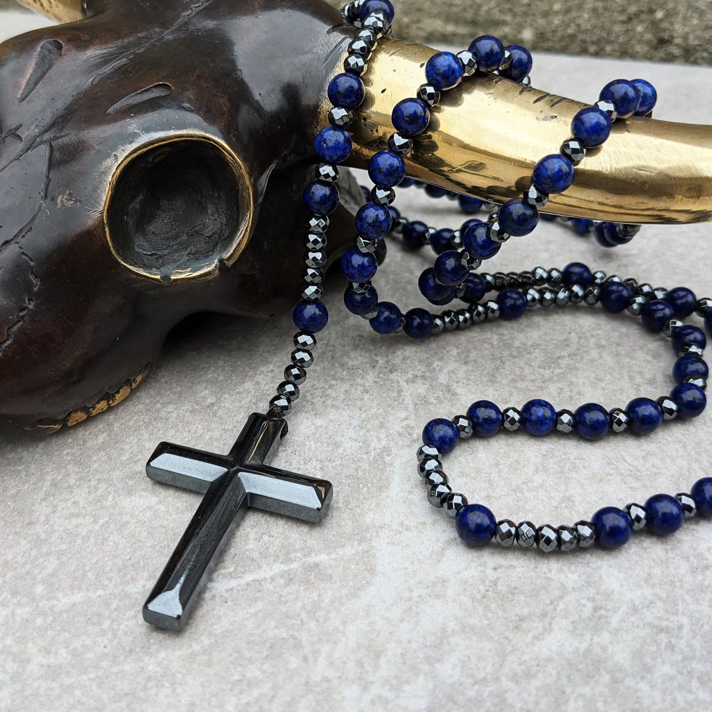 Men's Rosary Necklace with Tiger Eye and Lapis Lazuli – Orion Design
