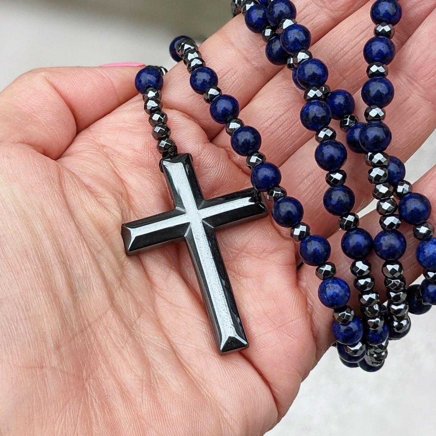 Men's Rosary Necklace with Tiger Eye and Lapis Lazuli – Orion Design