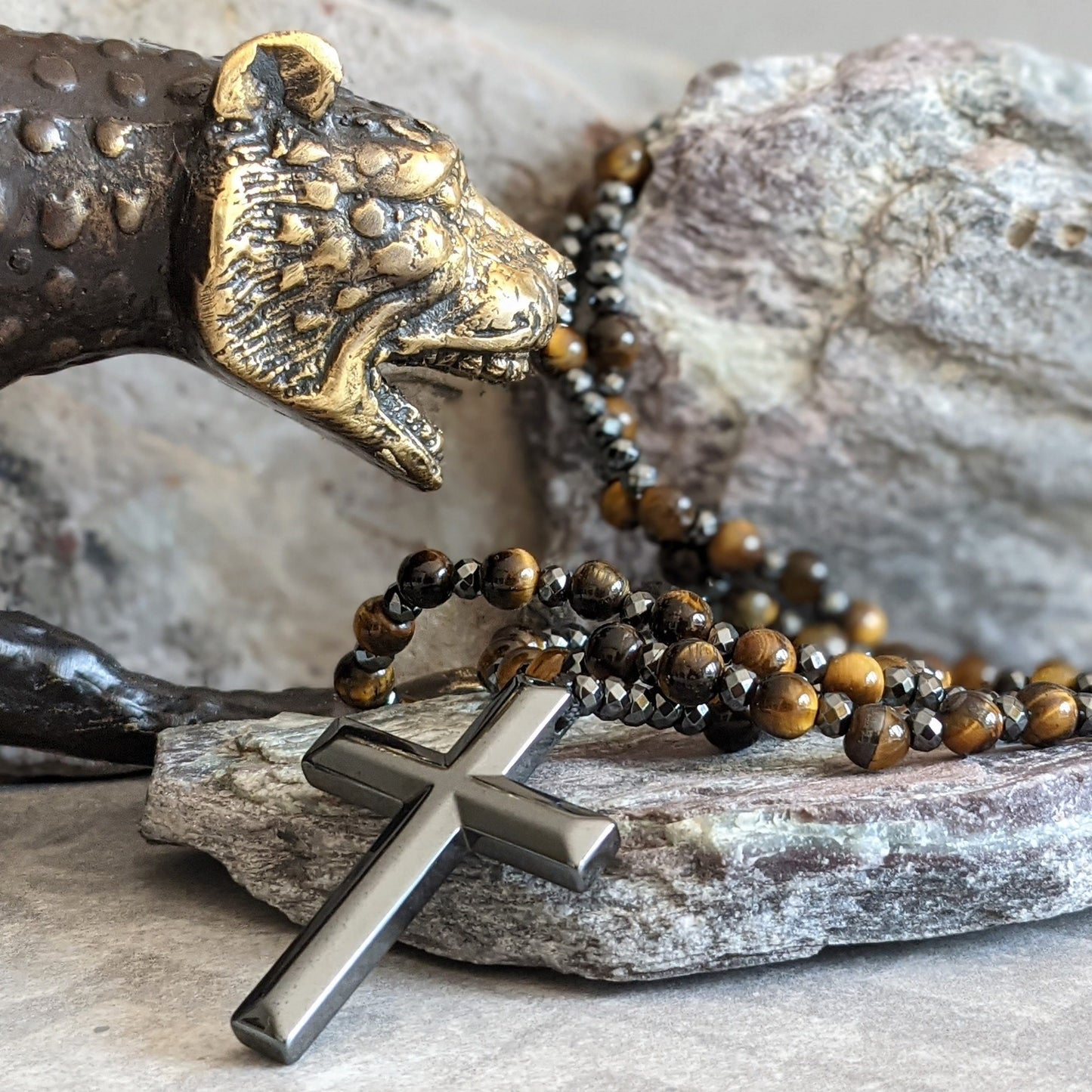 Men's Rosary Necklace with Tiger Eye and Lapis Lazuli – Orion Design