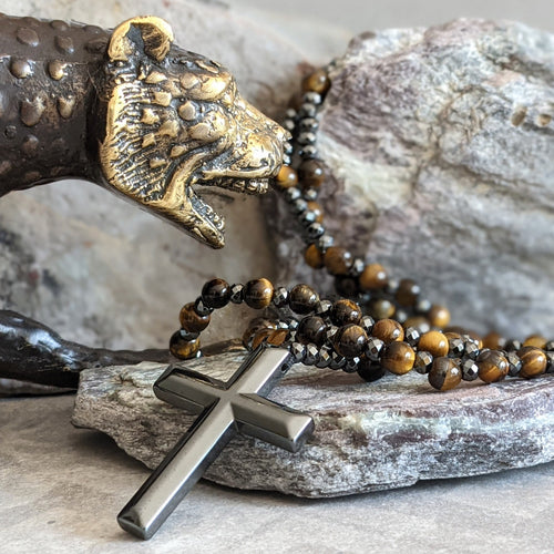 Men's Rosary Necklace with Tiger Eye and Lapis Lazuli – Orion Design