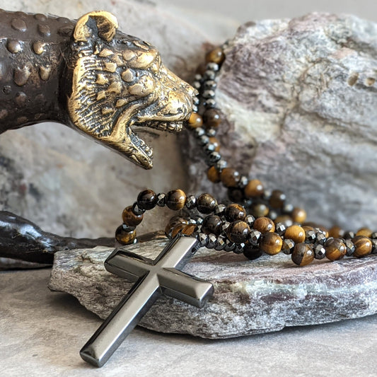 Men's Rosary Necklace with Tiger Eye and Lapis Lazuli – Orion Design