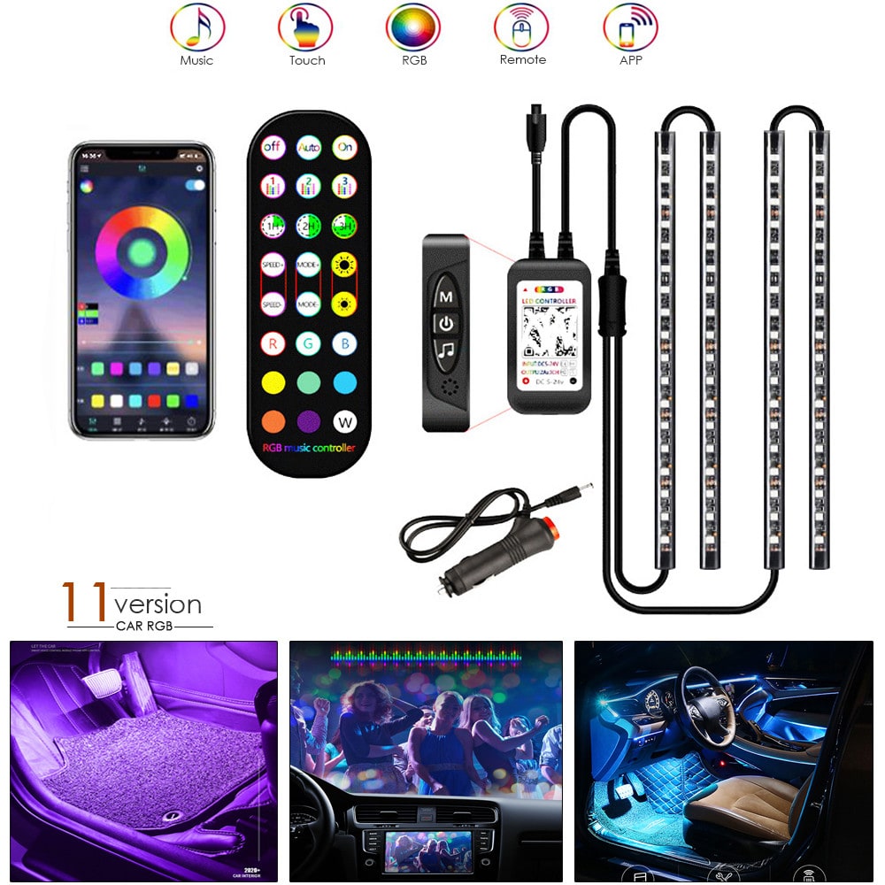 Dynamic Car Interior LED Lights with Remote and Music Sync