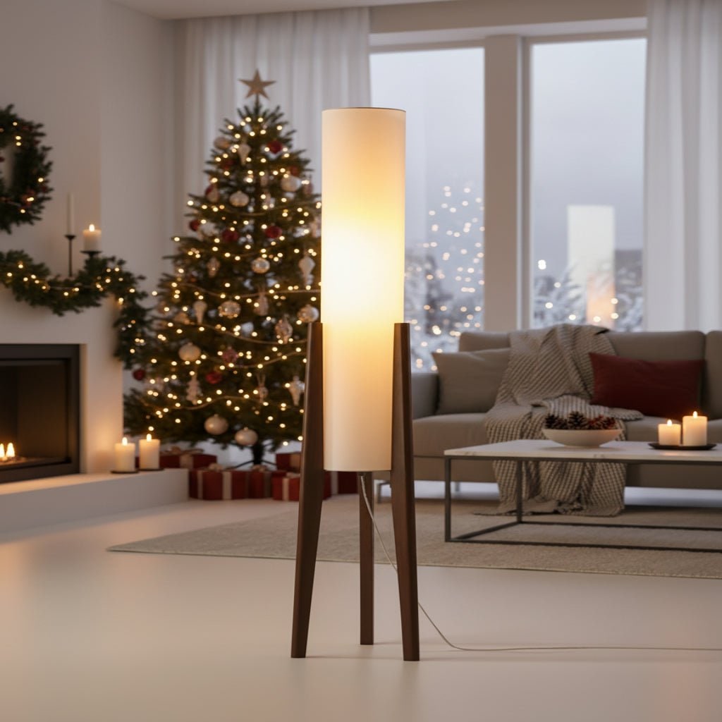 Elegant LED Floor Lamp with Wooden Tripod and Fabric Shade