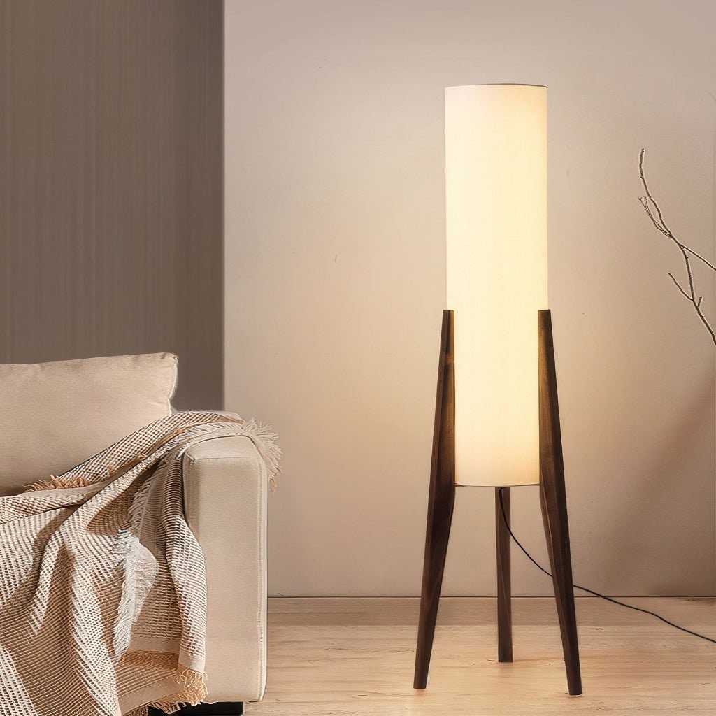 Elegant LED Floor Lamp with Wooden Tripod and Fabric Shade