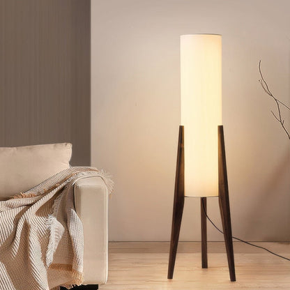 Elegant LED Floor Lamp with Wooden Tripod and Fabric Shade