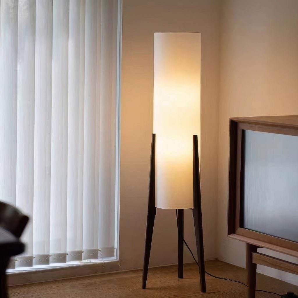 Elegant LED Floor Lamp with Wooden Tripod and Fabric Shade