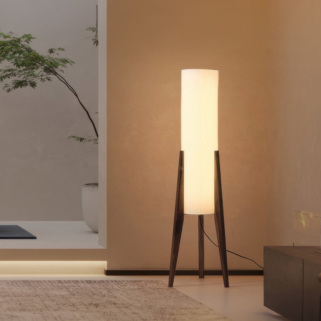Elegant LED Floor Lamp with Wooden Tripod and Fabric Shade