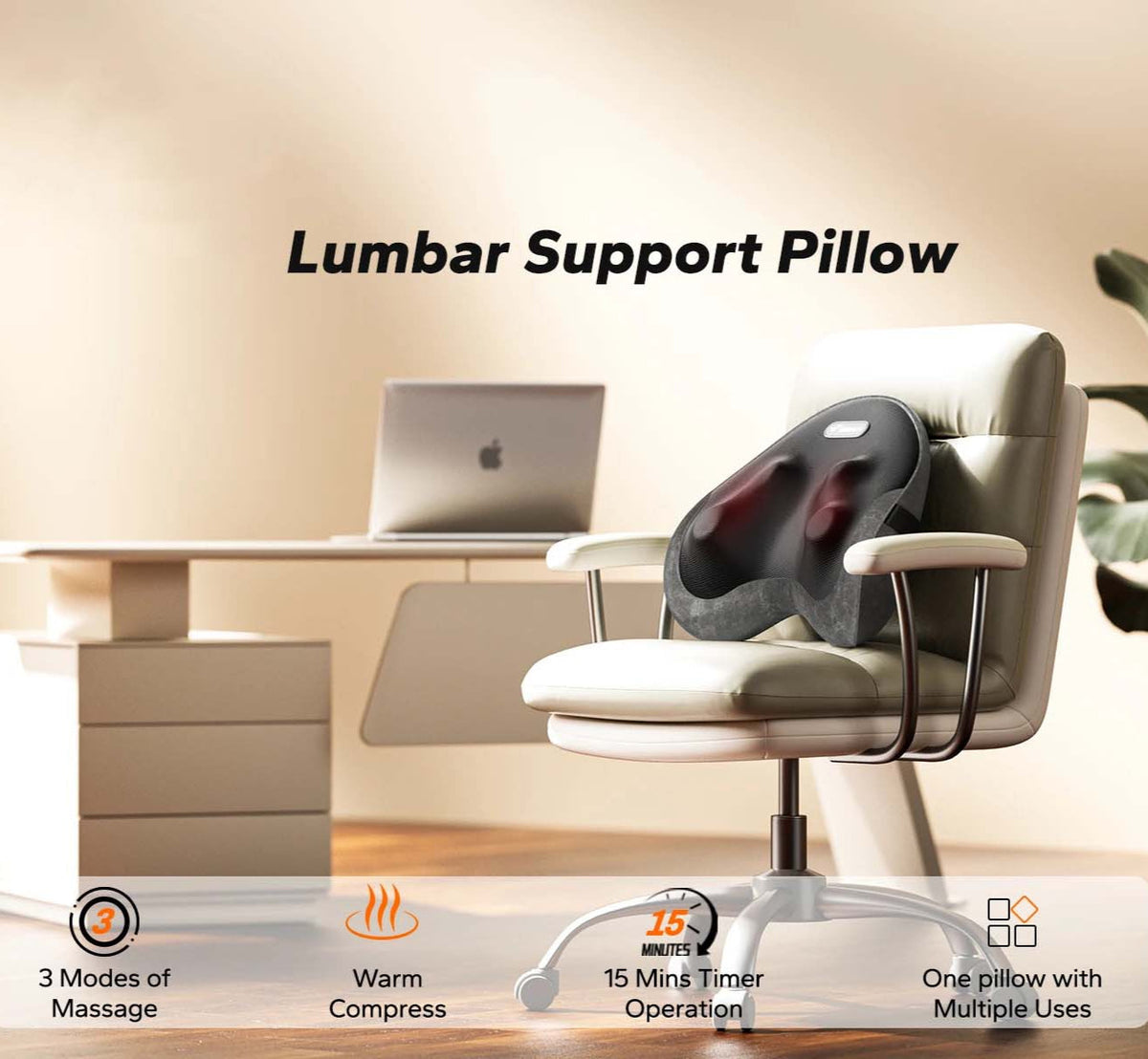 Shiatsu Lumbar Support Pillow with Heat – Memory Foam Back Cushion, 4 Rotating Nodes, Reversible & Washable Cover