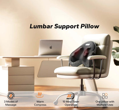 Shiatsu Lumbar Support Pillow with Heat – Memory Foam Back Cushion, 4 Rotating Nodes, Reversible & Washable Cover