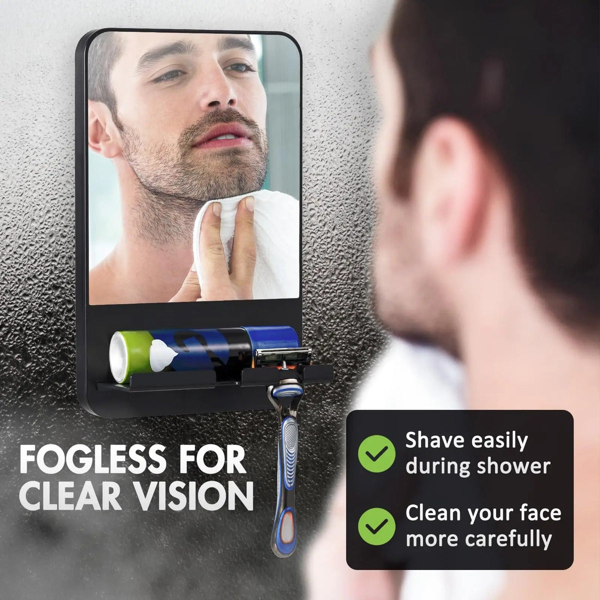 Fog-Free Shower Mirror for Shaving with Razor Storage