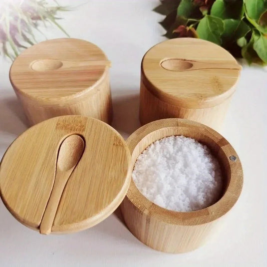 Bamboo Spice Jar with Spoon and Magnetic Lid – Herbs Storage Container