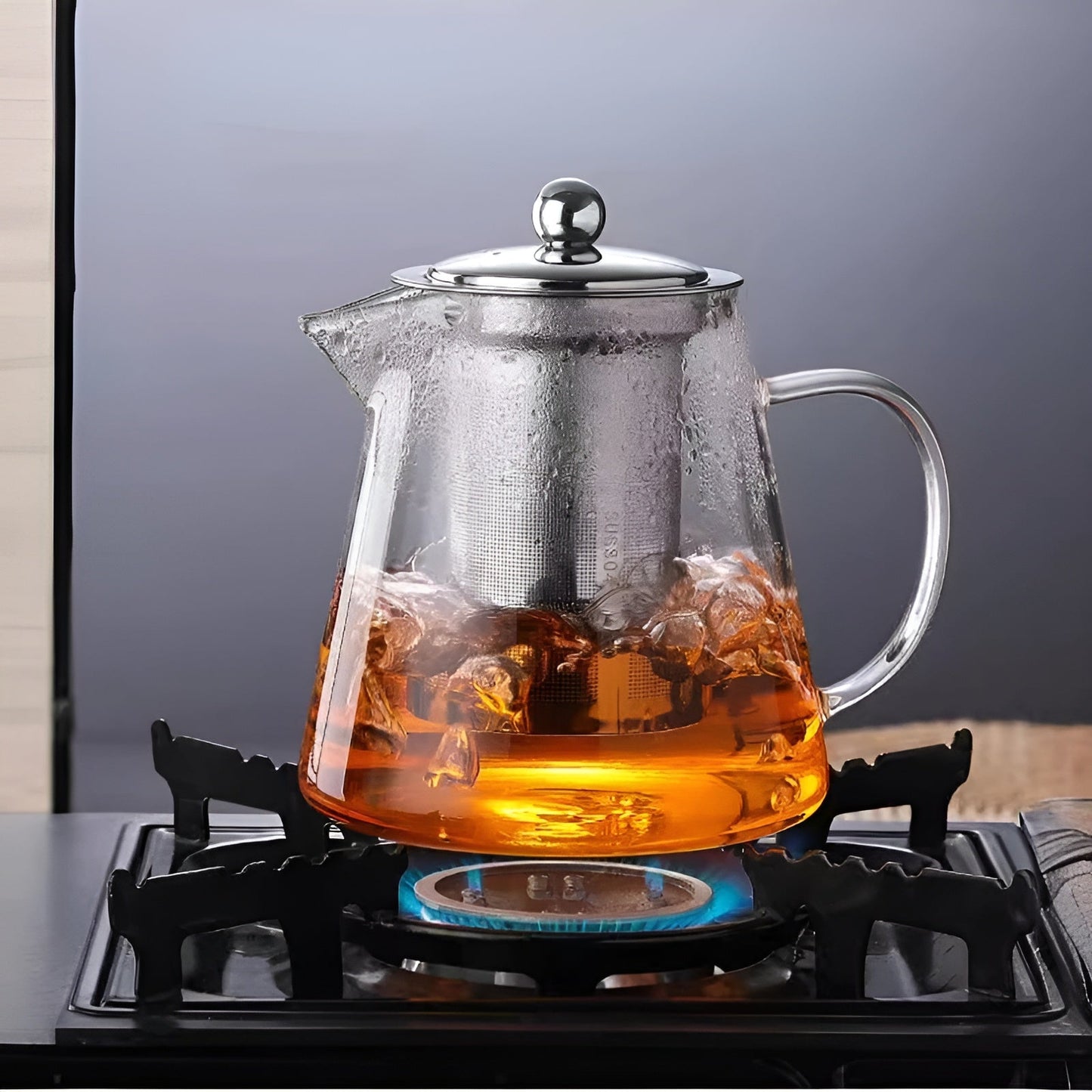 Hand Blown Glass Tea Pot with Stainless Steel Filter & Heat Resistant