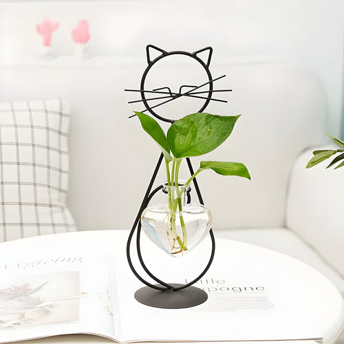 Hydroponic Heart-Shaped Glass Vase with Cat Holder