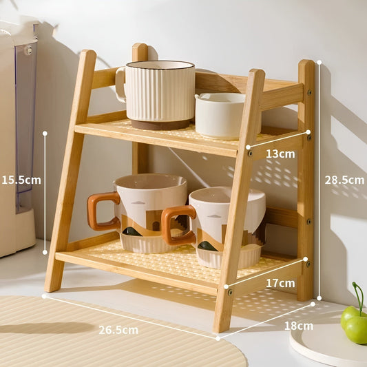 2-Tier Kitchen Organizer Shelf for Cups and Accessories - Bamboo Style