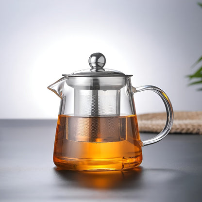 Hand Blown Glass Tea Pot with Stainless Steel Filter & Heat Resistant