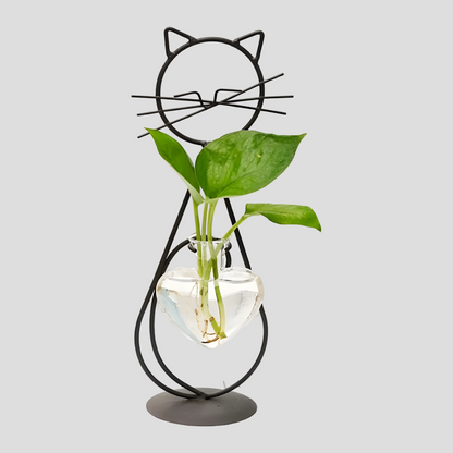 Hydroponic Heart-Shaped Glass Vase with Cat Holder