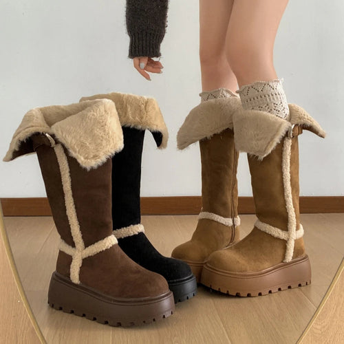 Fur Lined Long Booties for Women - Vintage Style Winter Snow Flats