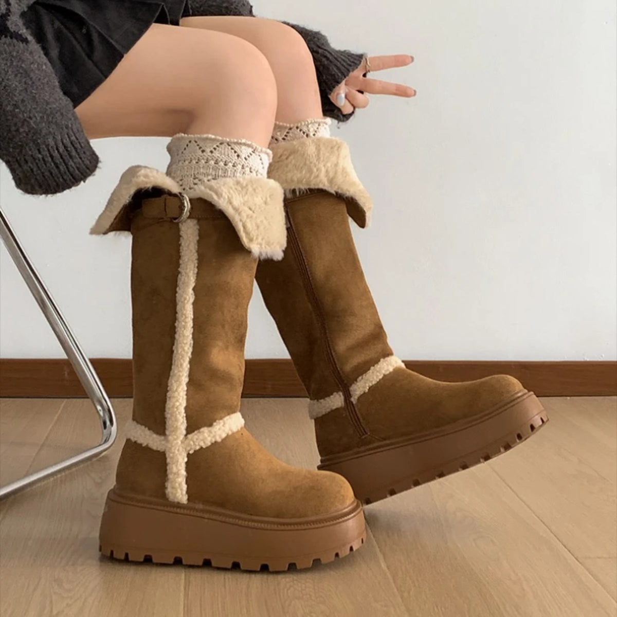 Fur Lined Long Booties for Women - Vintage Style Winter Snow Flats