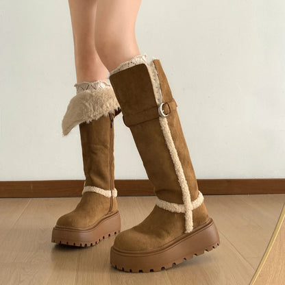 Fur Lined Long Booties for Women - Vintage Style Winter Snow Flats