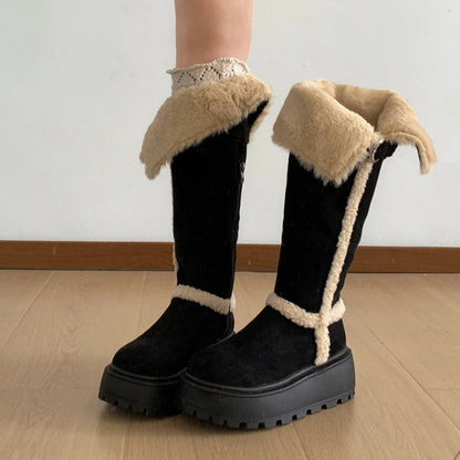 Fur Lined Long Booties for Women - Vintage Style Winter Snow Flats