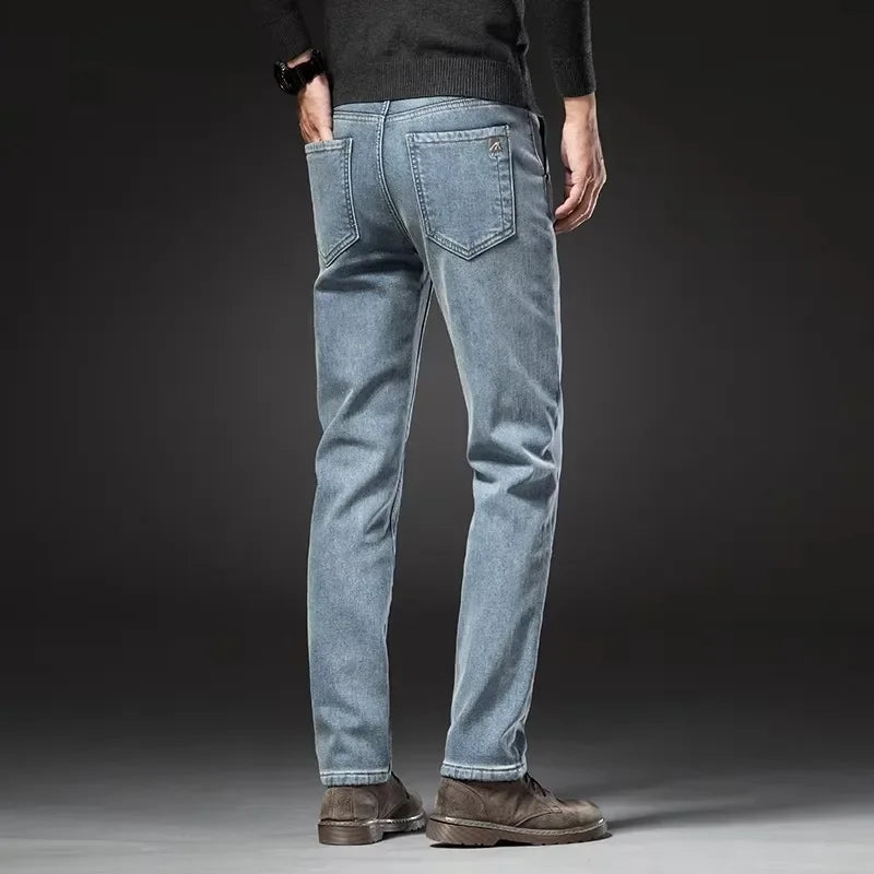 Warm Stretch Straight Denim Jeans for Men - Fleece-Lined Winter Style