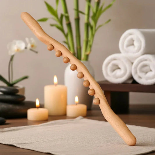 Ergonomic Natural Wood Gua Sha Massage Stick 60 cm with 8 Massage Balls for Back, Neck, and Legs